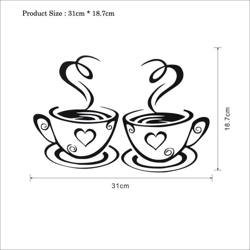 Coffee Cups Wall Stickers 2x – Kitchen & Bar Area Vinyl Decal, Black, 12.2"x7.4"