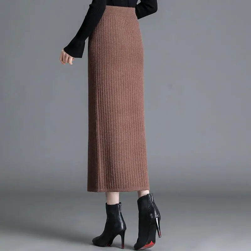 Knitted Mid-Length Skirt (Cotton Comfort, Optional Slit, M–2XL)