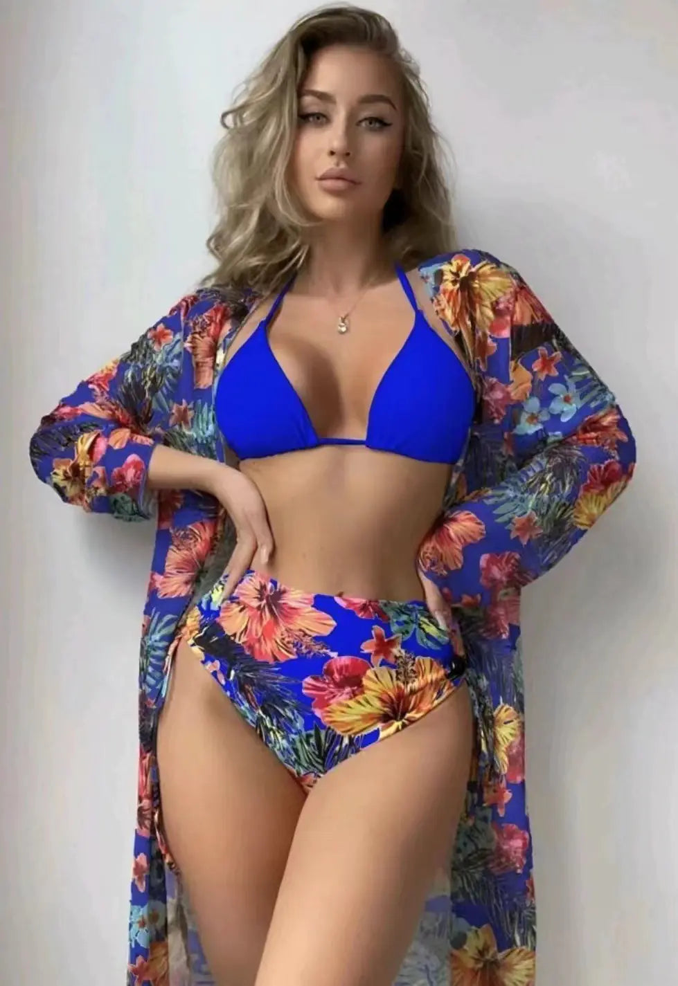 Split Mesh Cover-Up Bikini Set – Three-Piece Swimsuit with Elegant Overlay (Sizes S–XL)