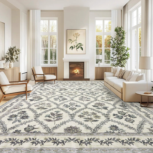 Large Blue and Green 9x12 Boho Floral Area Rug – Washable, Non-Slip, Vintage Modern Rug for Living Room, Bedroom & Dining