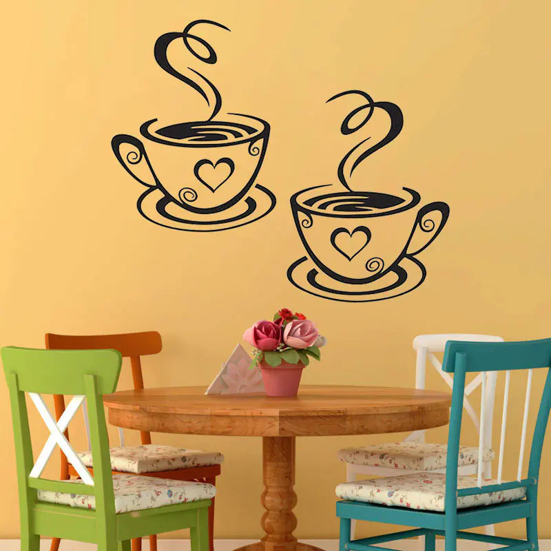 Coffee Cups Wall Stickers 2x – Kitchen & Bar Area Vinyl Decal, Black, 12.2"x7.4"