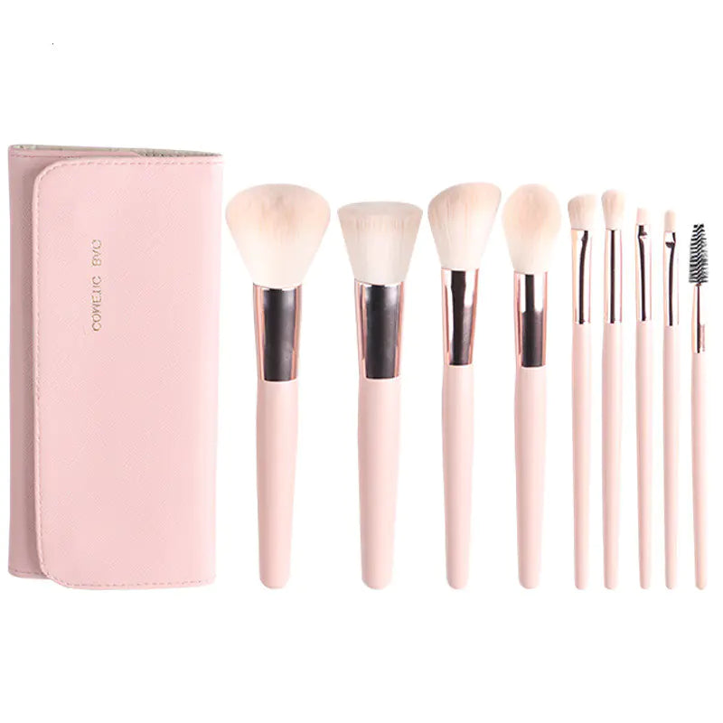 9-Piece Pink Makeup Brush Set – Premium Artificial Fiber with Wooden Handles