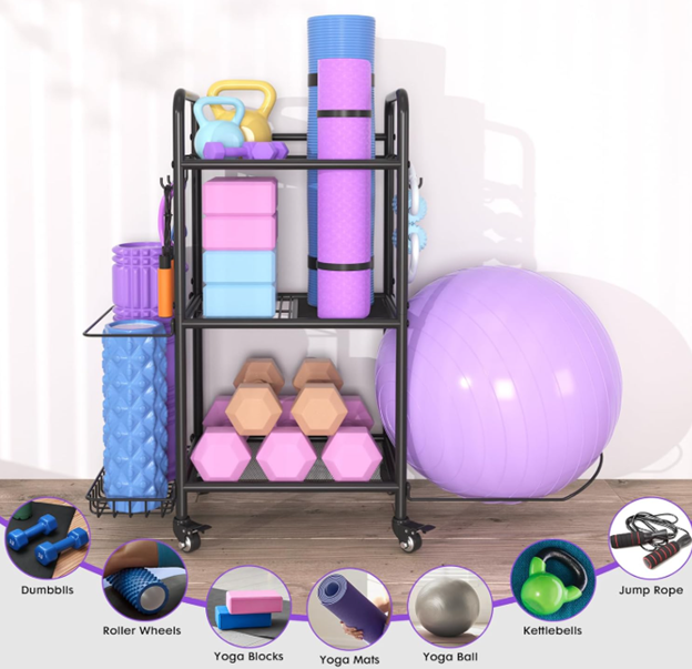 Home Gym Storage Rack – Multi-Tier Organizer for Yoga Mats, Dumbbells, Resistance Bands & More