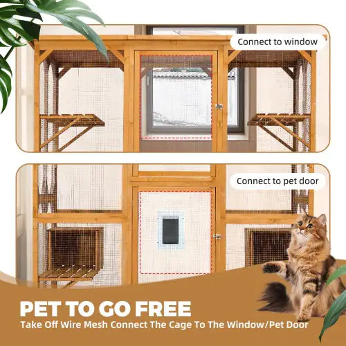 Catio Outdoor Cat Fence with Roof – 72" Tall Yellow Wooden Cat House