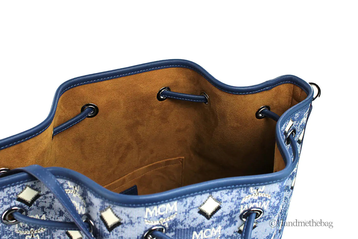 MCM Large Blue Vintage Denim Drawstring Bucket Handbag – Logo Fabric & Leather Trim