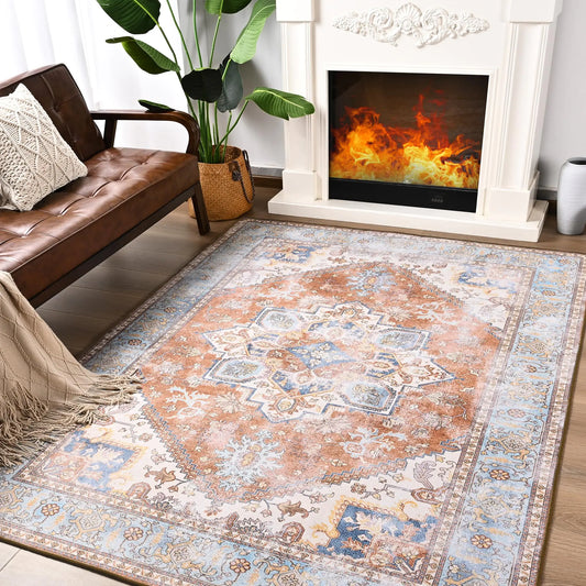 Large Area Rug 5x7 Washable Vintage Rug for Bedroom, Living Room – Non-Slip Low Pile Colorful Accent Rug Indoor Floor Carpet for Dining Room, Office, Playroom, Nursery, Home Decor (Brick/Blue)