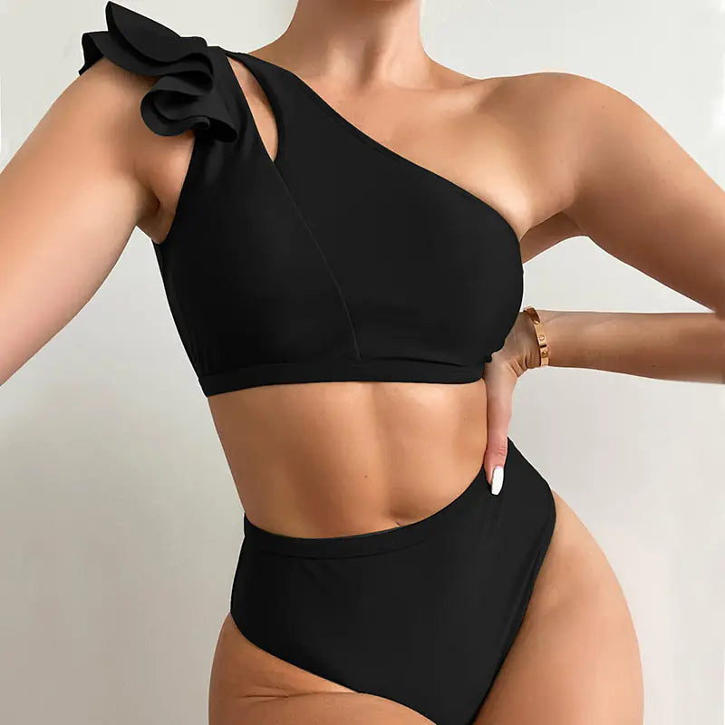 One-Shoulder Ruffled High Waist Bikini – Sexy, Sleek Swimwear in Vibrant Colors (Sizes S–L)