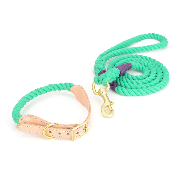 Cowhide Woven Cotton Rope Dog Leash & Collar Set – Durable & Stylish for All Breeds (Sizes S–XL)
