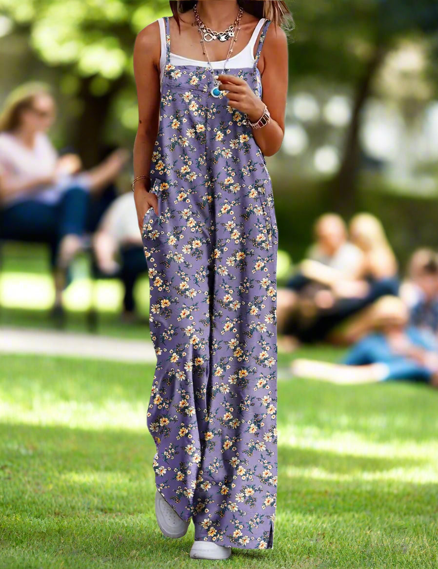 YESNO Women's Summer Boho Casual Jumpsuits Wide Leg Overalls Floral Print Baggy Rompers with Pocket PZZCR Medium Floral 08