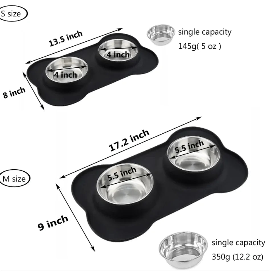 Bone-Shaped Silicone Pet Bowl Mat with Stainless Steel Bowls