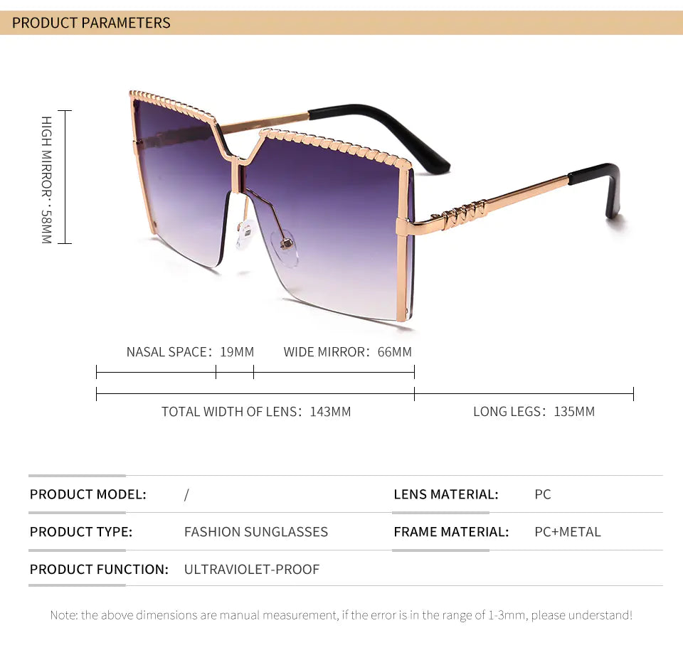 Frameless Gradient Square Sunglasses – Oversized PC+Metal UV400 Fashion Shades (Multiple Color Options)