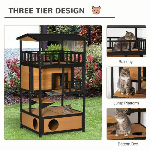 PawHut Wooden Outdoor Cat House – Yellow Wild Cat Sanctuary with Asphalt Roof, Jump Platforms, Escape Door, and Multi-Level Apartment Design