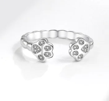 Open-End Paw Footprint Ring – Adjustable White Gold-Plated Copper Ring for Paw Lovers