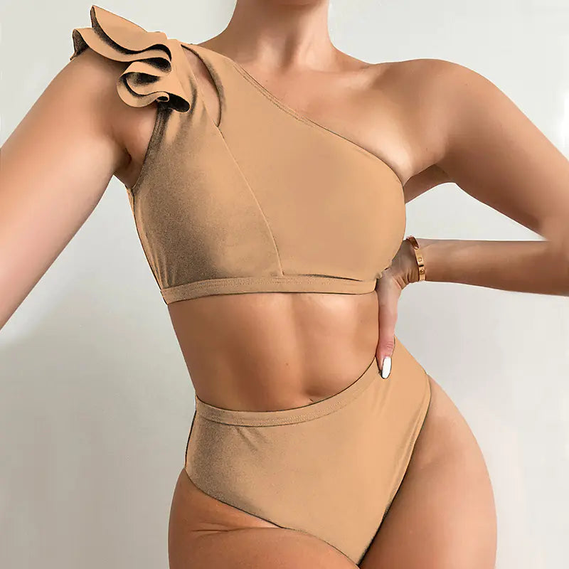 One-Shoulder Ruffled High Waist Bikini – Sexy, Sleek Swimwear in Vibrant Colors (Sizes S–L)