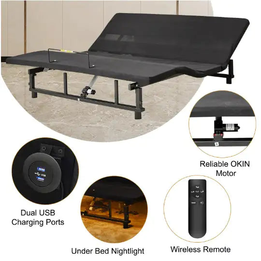 Adjustable Bed Base Frame – King Size | Head and Foot Incline, Quiet Motor, Zero Gravity, 4 USB Ports & Under-Bed Nightlight