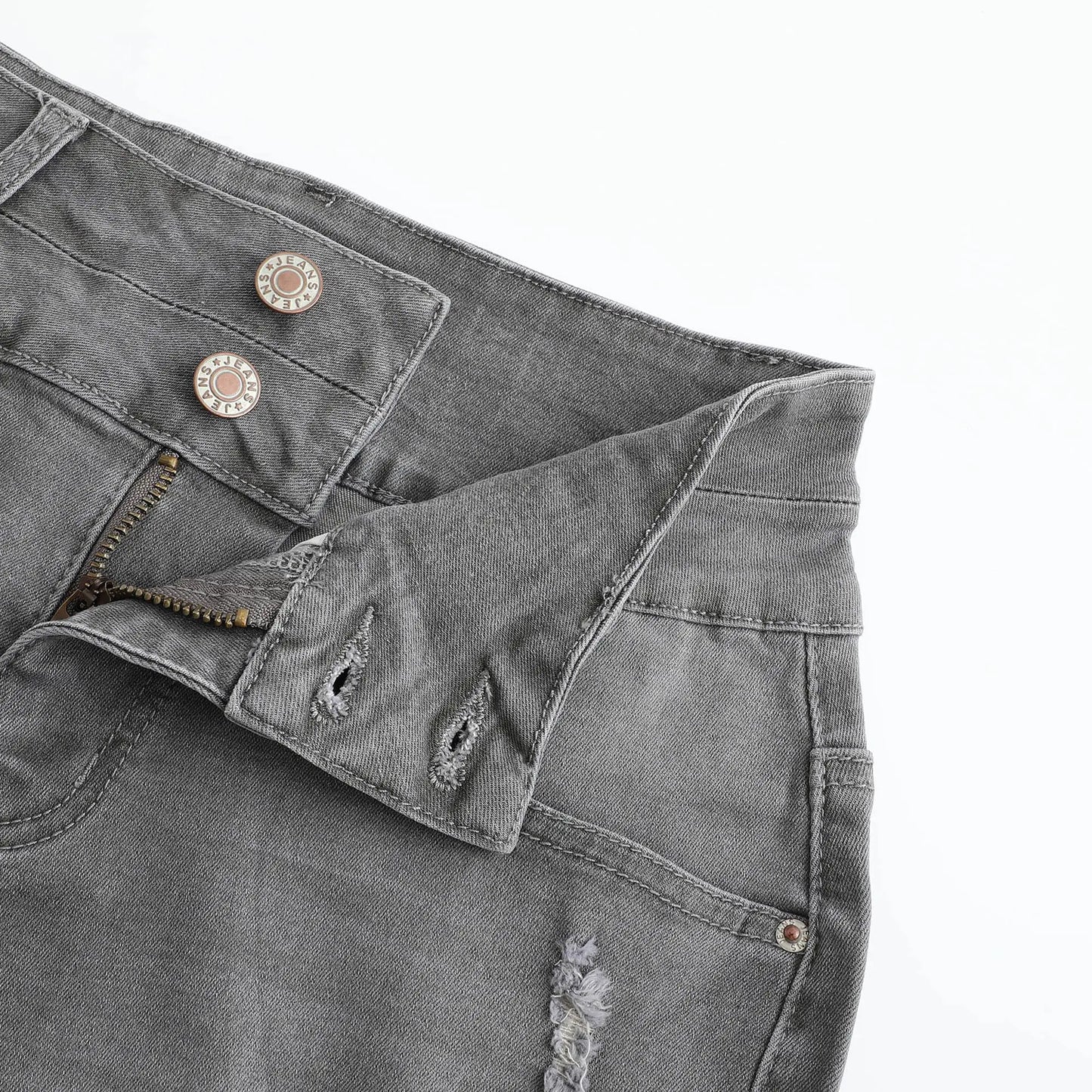 THUNDER STAR Women Mid Rise Ripped Stretchy Jeans Shorts Frayed Raw Hem Casual Denim Shorts 16 Grey-sb2