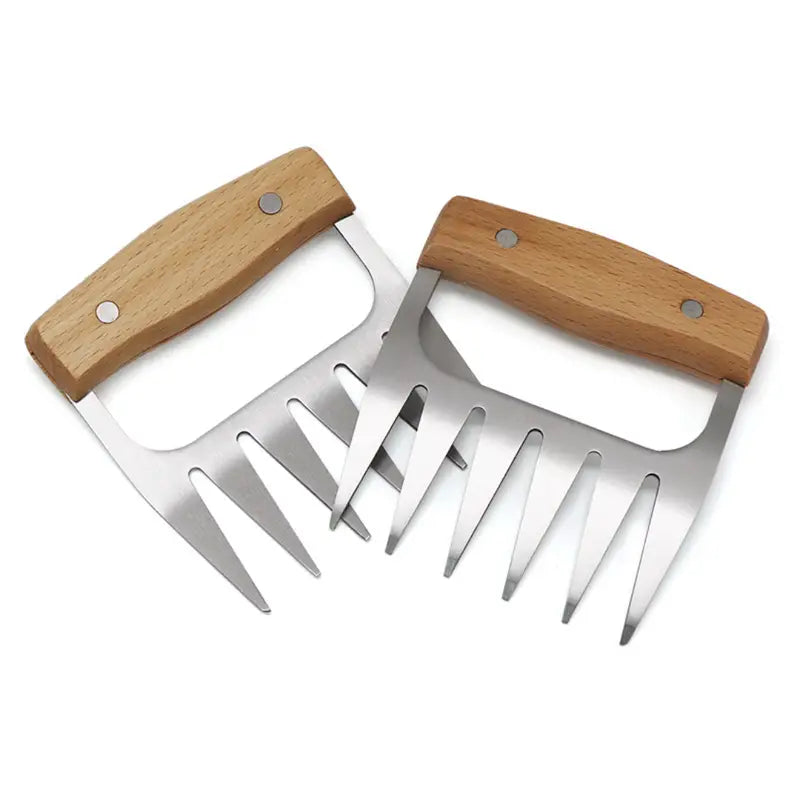 Stainless Steel Meat Shredder Claws – Wooden Handle for Shredding Chicken, Pork, Beef & More