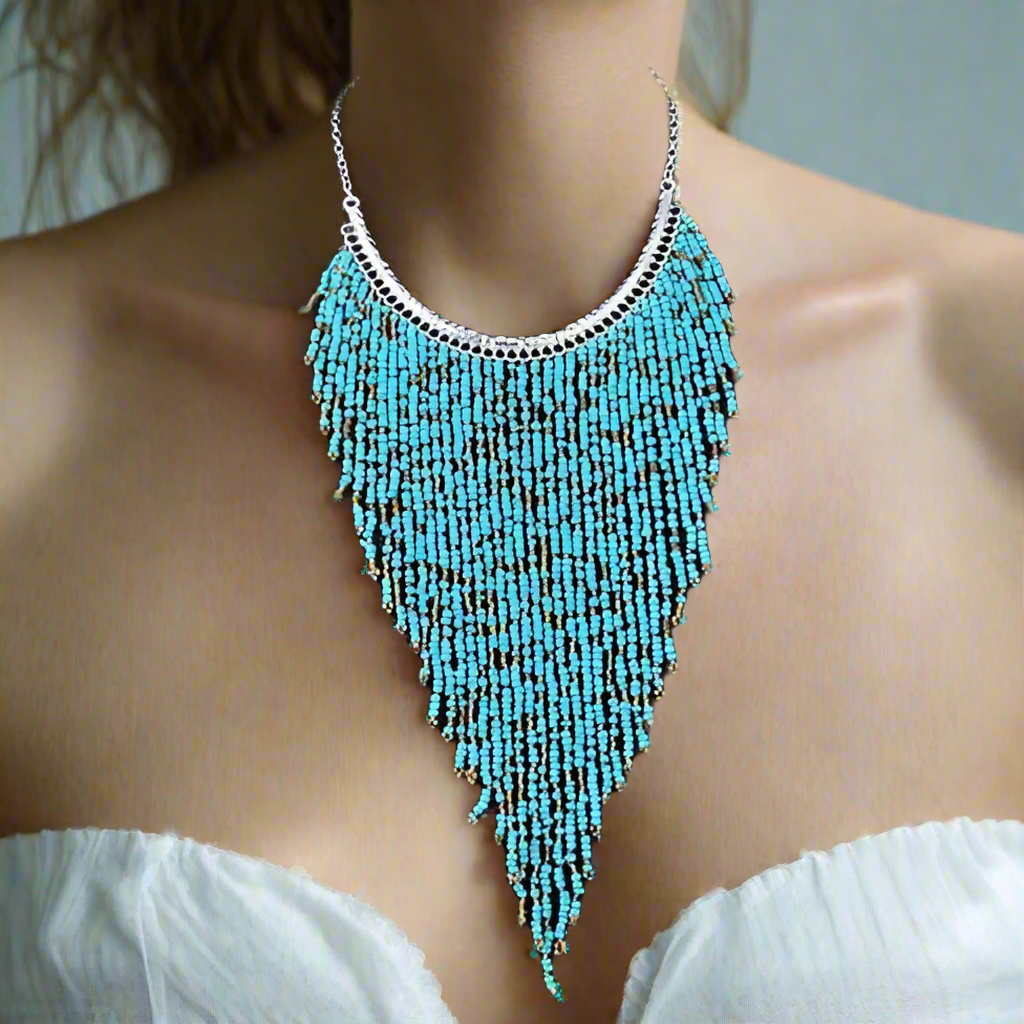 Bohemian Beads Waterfall Necklace – Handcrafted Turquoise or Silver Beads with Golden Accents (18" Chain + 10" Waterfall Drop)