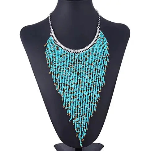 Bohemian Beads Waterfall Necklace – Handcrafted Turquoise or Silver Beads with Golden Accents (18" Chain + 10" Waterfall Drop)