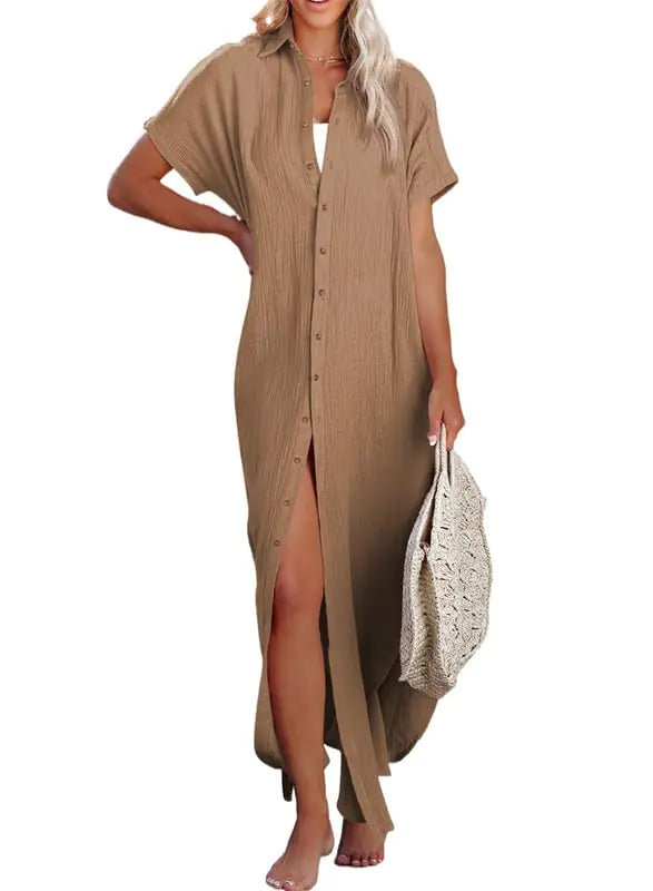 Womens Casual Short Sleeve Side Split Button Down Long Kimonos Cardigans Swimsuit Cover Ups Summer Beach Dress XX-Large 1 White