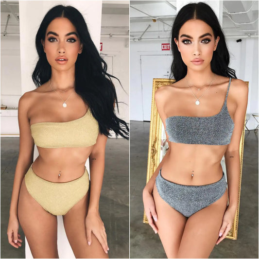 One-Shoulder Shimmer Bikini – Gold or Silver Glamour for Bold Summer Style (Sizes S–L)