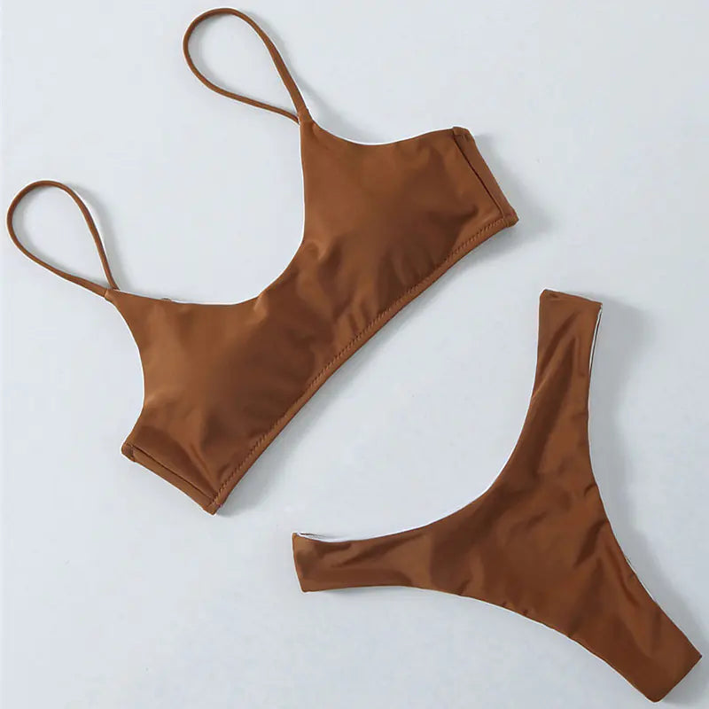 Two-Piece Polyester Bikini – Sleek Summer Style in White, Blue, Coffee, or Black (Sizes S–L)