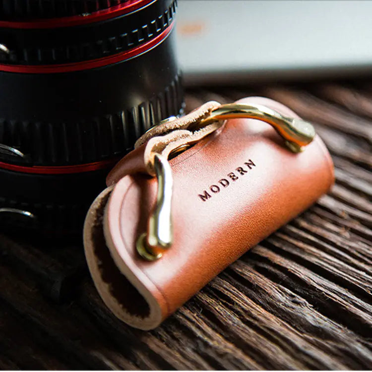 Brown Cowhide Key Organizer – Premium Leather Key Pouch with Metal Buckle Closure
