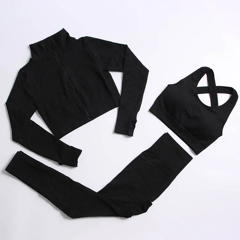 3-Piece Yoga Set – High-Waist Leggings, Sports Bra, and Long-Sleeve Jacket