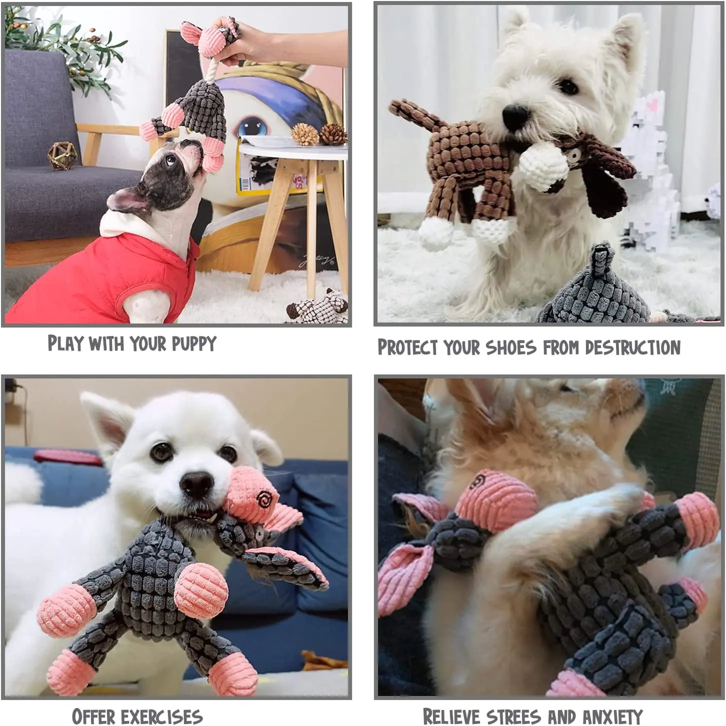 Interactive Plush Animal Dog Toys – Soft, Squeaky Training Companions in Gray, Beige, and Brown