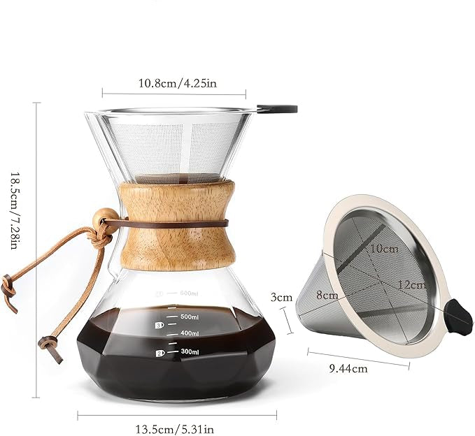 Pour Over Coffee Maker with Stainless Steel Filter – 600ml (20 oz) Borosilicate Glass Carafe with Wooden Collar – Holds 3-4 Cups, Gray
