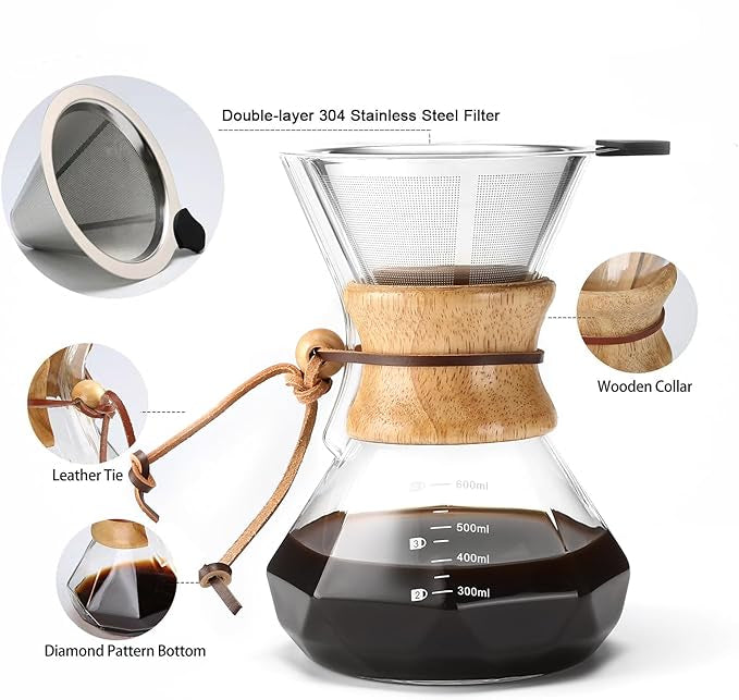 Pour Over Coffee Maker with Stainless Steel Filter – 600ml (20 oz) Borosilicate Glass Carafe with Wooden Collar – Holds 3-4 Cups, Gray