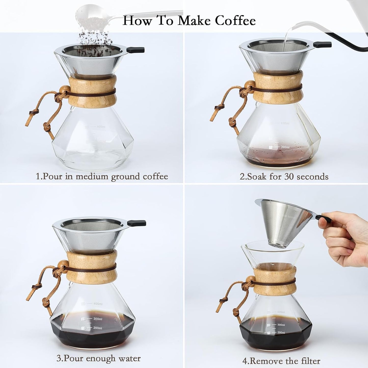 Pour Over Coffee Maker with Stainless Steel Filter – 600ml (20 oz) Borosilicate Glass Carafe with Wooden Collar – Holds 3-4 Cups, Gray
