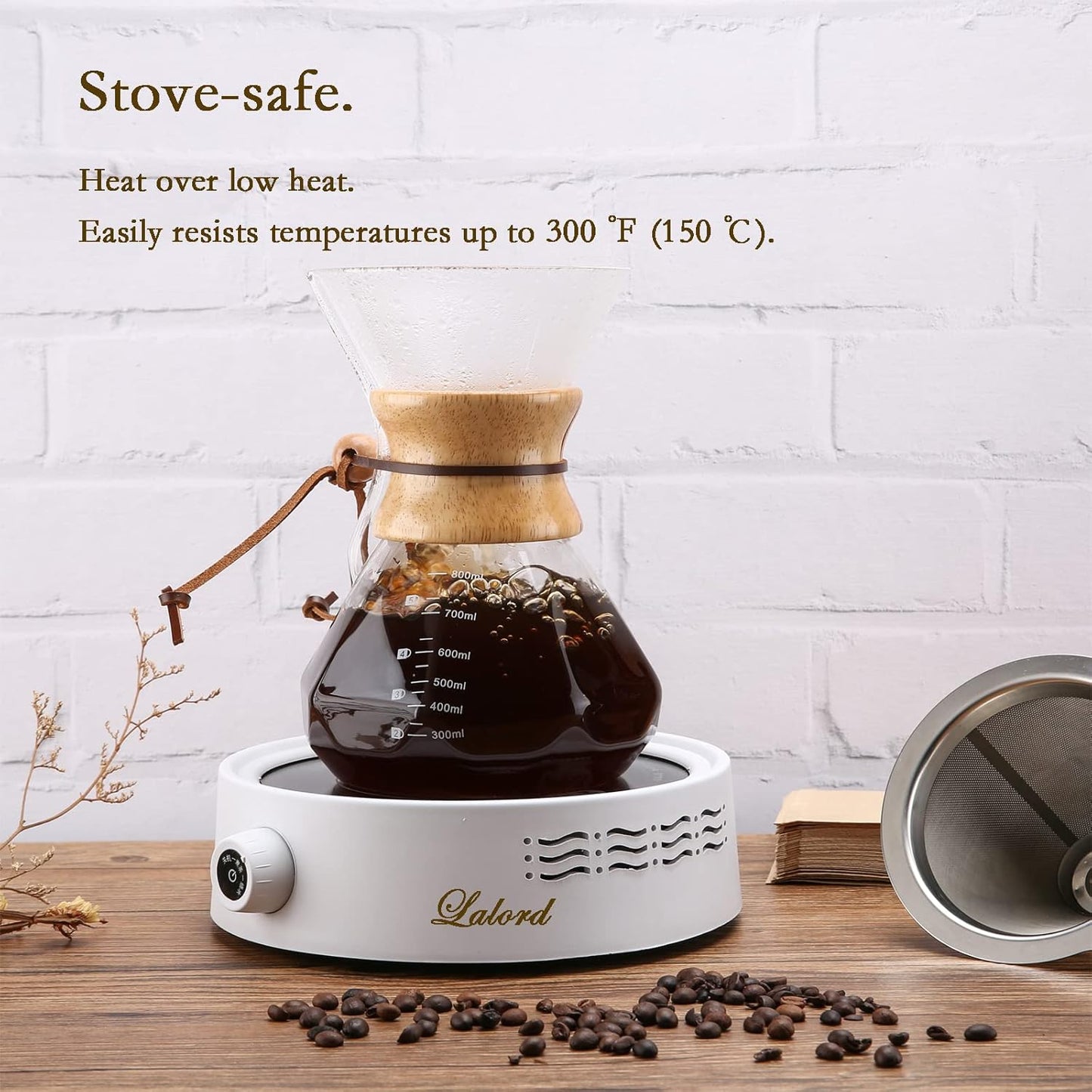 Pour Over Coffee Maker with Stainless Steel Filter – 600ml (20 oz) Borosilicate Glass Carafe with Wooden Collar – Holds 3-4 Cups, Gray