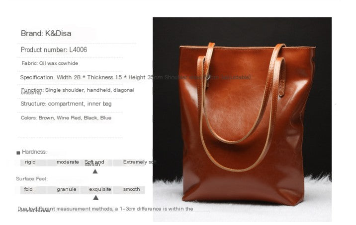 Cowhide Leather Shoulder Bag – Elegant Large-Capacity Tote with Detailed Stitching and Timeless Design