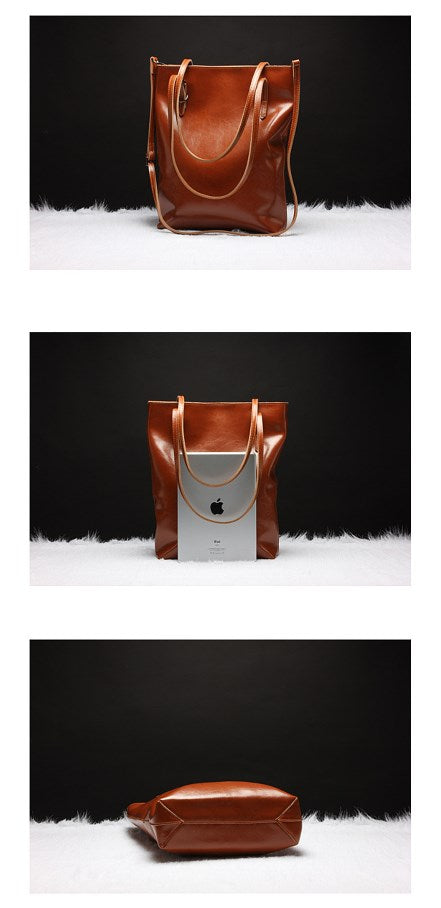 Cowhide Leather Shoulder Bag – Elegant Large-Capacity Tote with Detailed Stitching and Timeless Design