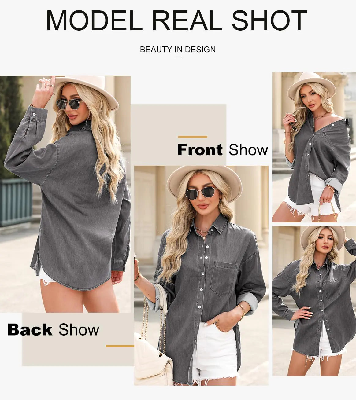 Astylish Women 2024 Denim Shirts Button Down Blouse Long Sleeve V Neck Casual Tops Large Light Grey