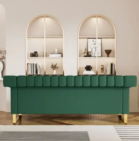 Modern Green PU Sofa with Gold Accents – Channel-Tufted 3-Seater for Living Room & Office