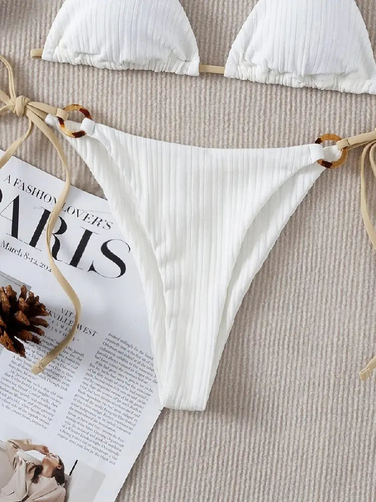White Triangle Thong Bikini Set with Ring Detail – Flirty Minimalist Swimwear in Classic White