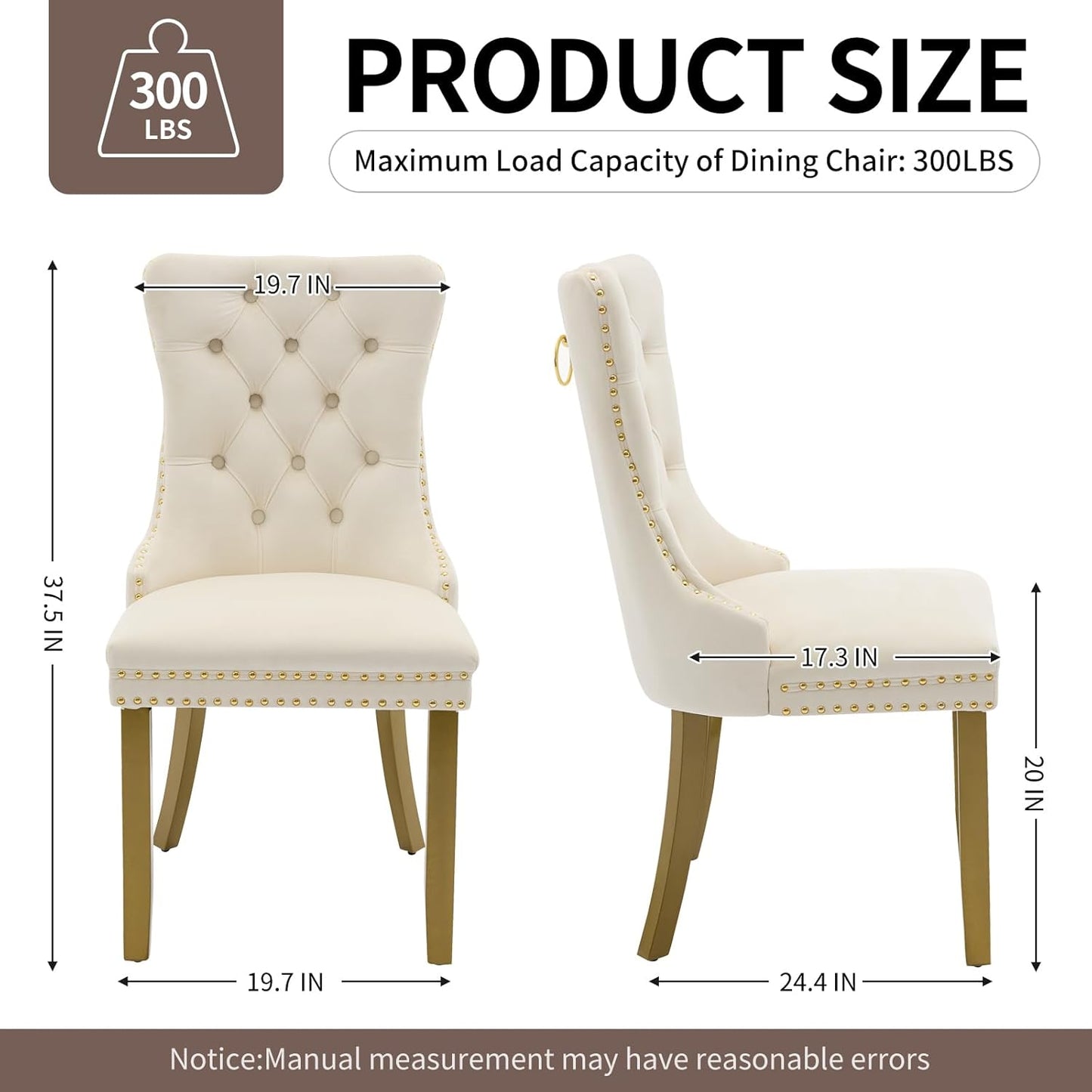 Velvet Dining Chairs Set of 6 – Cream High-Back Tufted Chairs with Golden Legs and Nail head Trim