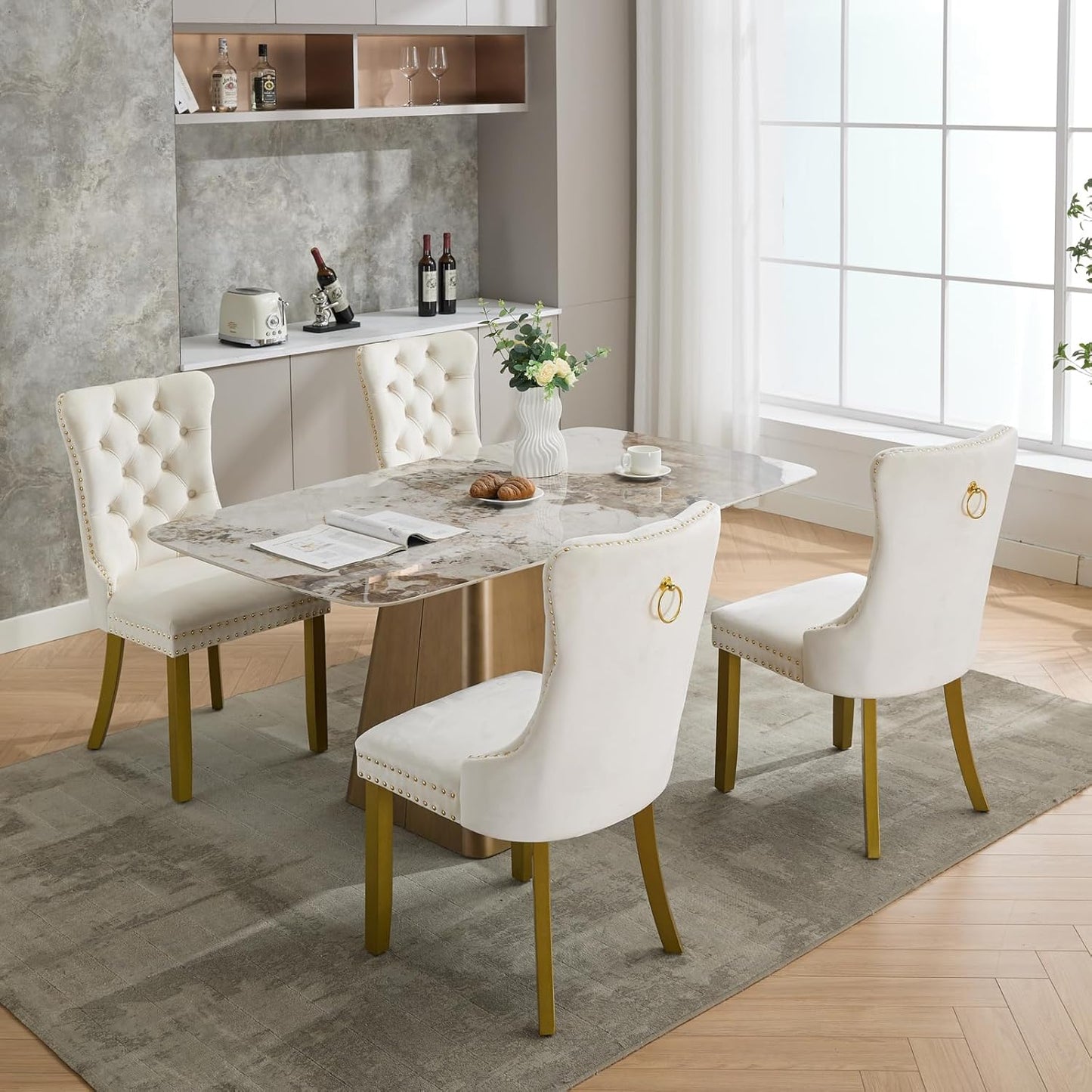 Velvet Dining Chairs Set of 6 – Cream High-Back Tufted Chairs with Golden Legs and Nail head Trim