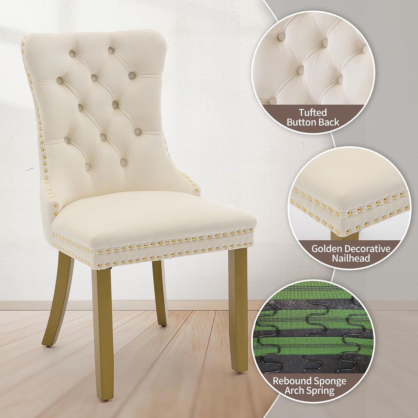 Velvet Dining Chairs Set of 6 – Cream High-Back Tufted Chairs with Golden Legs and Nail head Trim