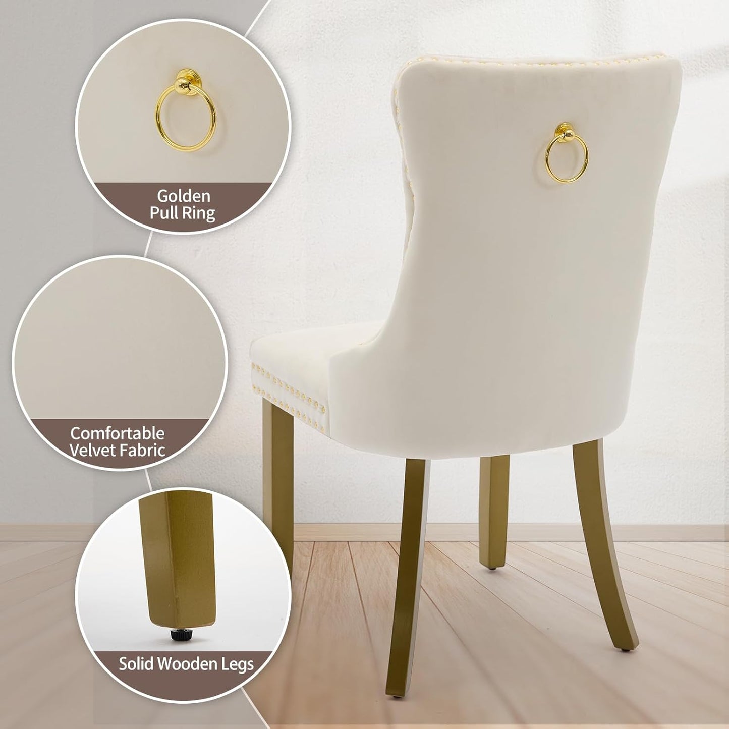 Velvet Dining Chairs Set of 6 – Cream High-Back Tufted Chairs with Golden Legs and Nail head Trim