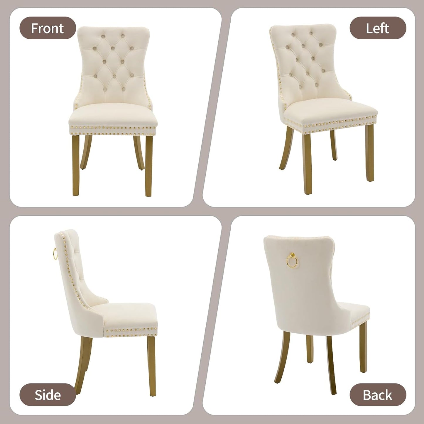 Velvet Dining Chairs Set of 6 – Cream High-Back Tufted Chairs with Golden Legs and Nail head Trim