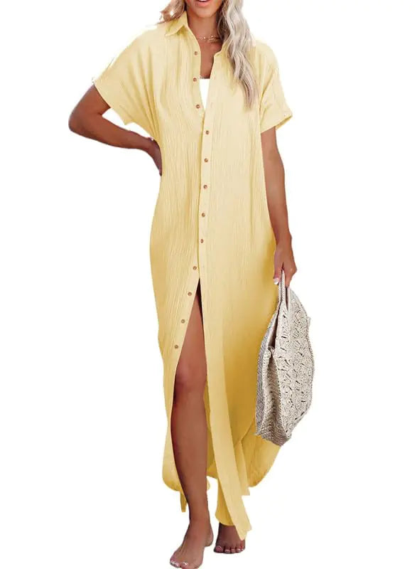 Womens Casual Short Sleeve Side Split Button Down Long Kimonos Cardigans Swimsuit Cover Ups Summer Beach Dress XX-Large 1 White