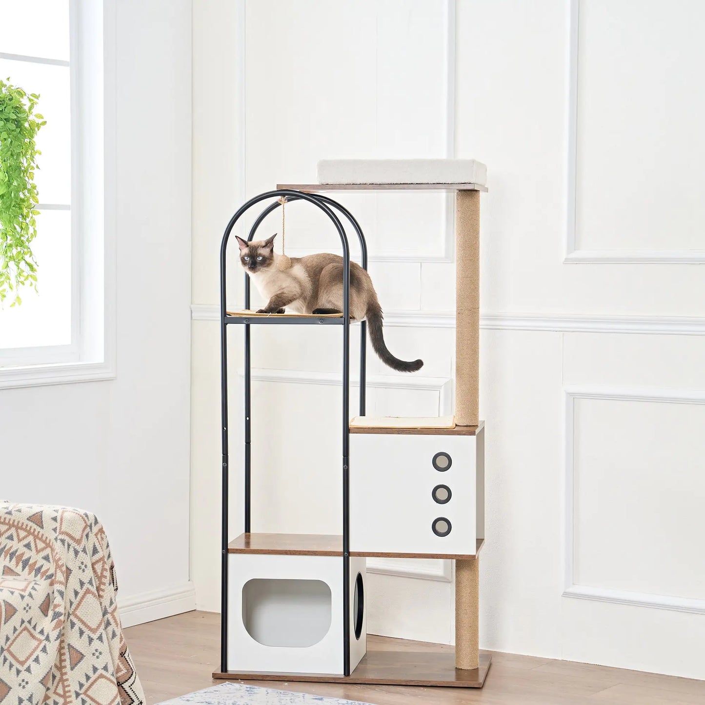 Modern Multi-Level Cat Tower – Sleek White & Vintage Cat Tree for Indoor Climbing, Scratching & Relaxing