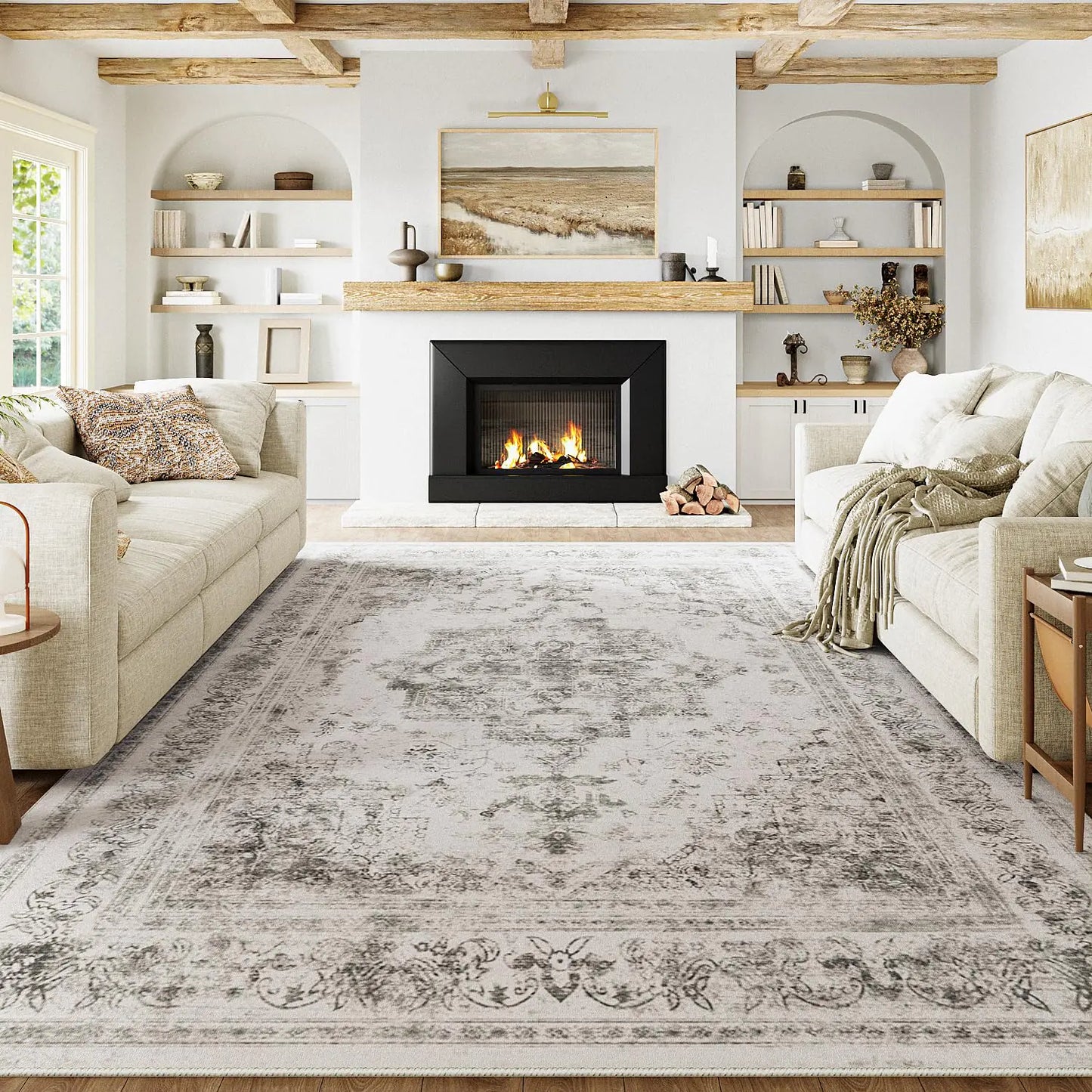 Vintage Medallion Washable Area Rug – 8x10 ft Grey Distressed Indoor Carpet