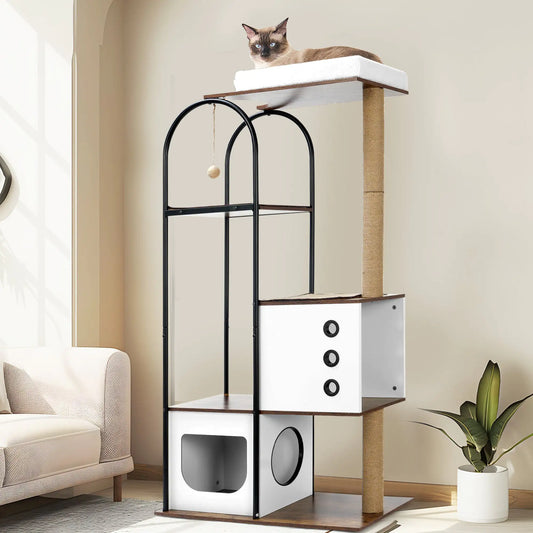 Modern Multi-Level Cat Tower – Sleek White & Vintage Cat Tree for Indoor Climbing, Scratching & Relaxing