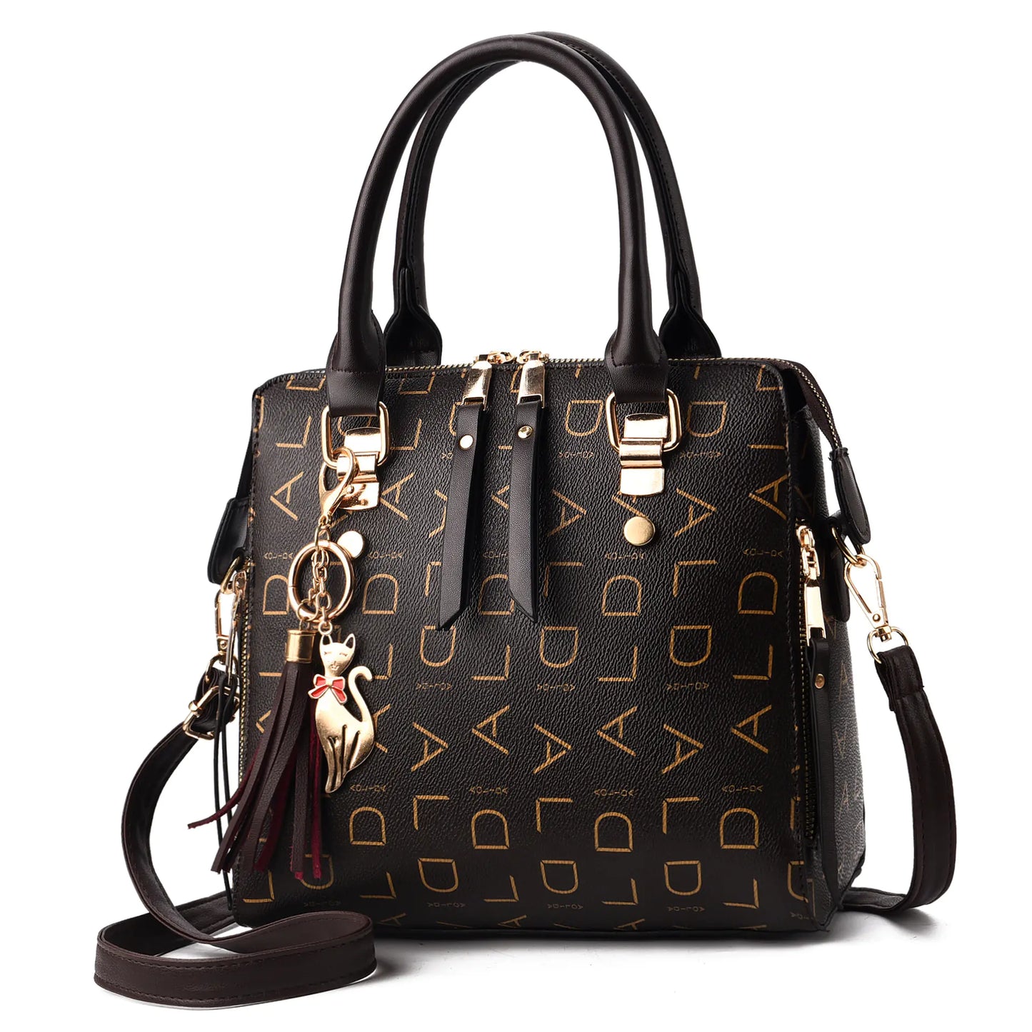 Vintage PU Leather Handbag – Stylish Letter Print Shoulder & Crossbody Bag with Cat Charm