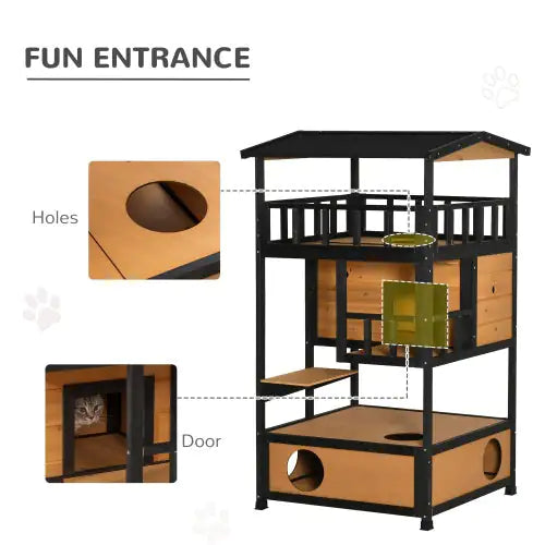 PawHut Wooden Outdoor Cat House – Yellow Wild Cat Sanctuary with Asphalt Roof, Jump Platforms, Escape Door, and Multi-Level Apartment Design