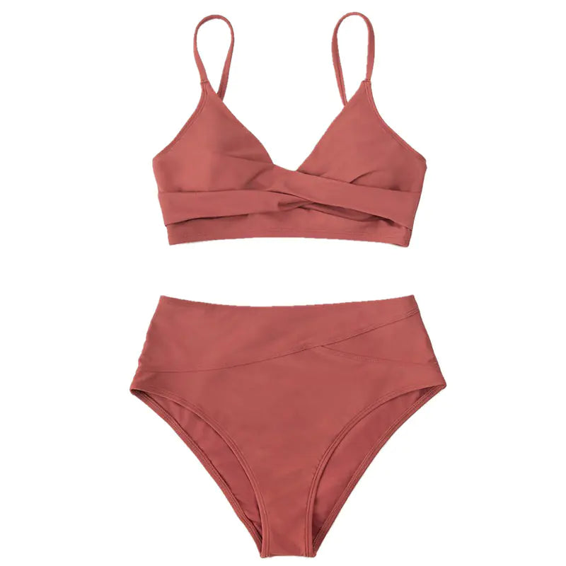 High-Waisted Solid Color Two-Piece Bikini – Elegant & Flattering Terylene Set (Sizes S–XL)